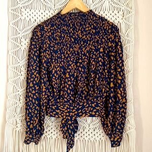 Bardot rouched high neck blouse, navy & orange. Size 2 XXS